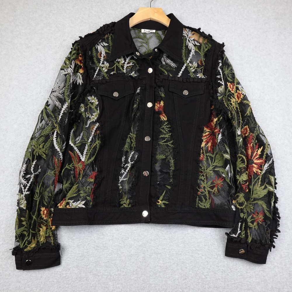 Paris Hues Womens Black Floral Embroidered Mesh Denim Jacket Large Boho Whimsy
